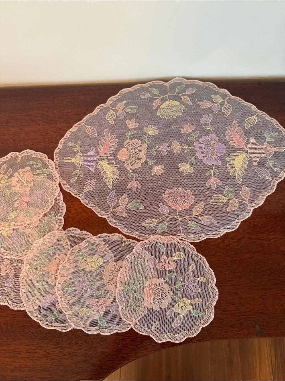Vintage Pink Floral Embroidered Lace Table Doilies - Set of 7 for Home Dining